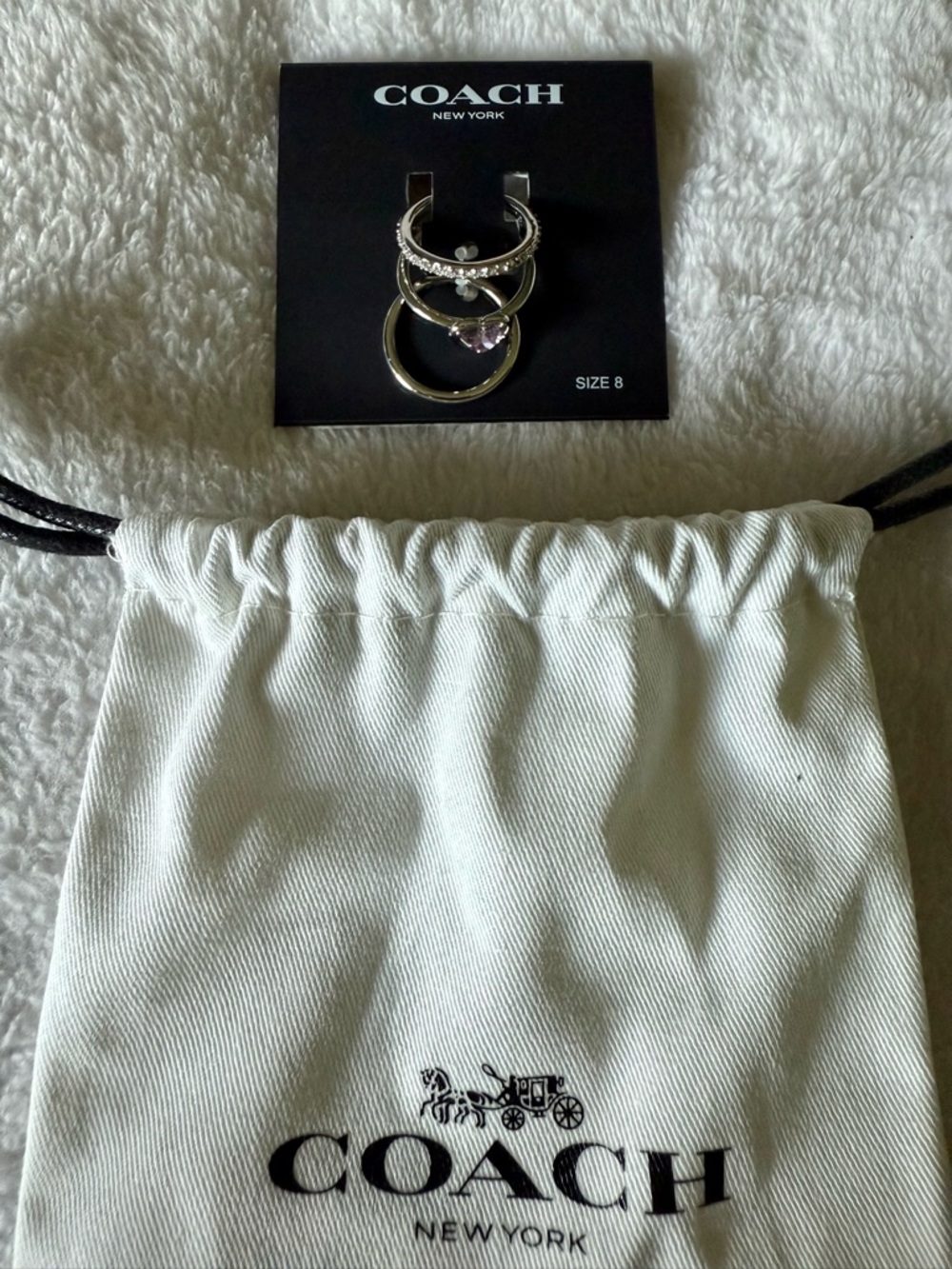 Coach Silver Stack Ring Trio with Light Pink Heart Charm